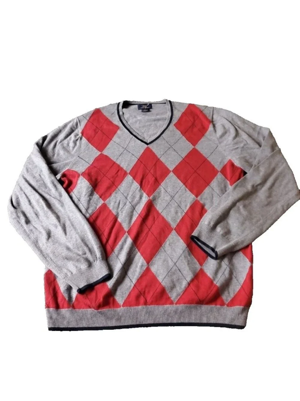 Brooks Brothers 346 Sweater Mens XL Argyle Plaid Gray V Neck Grandpa Cotton